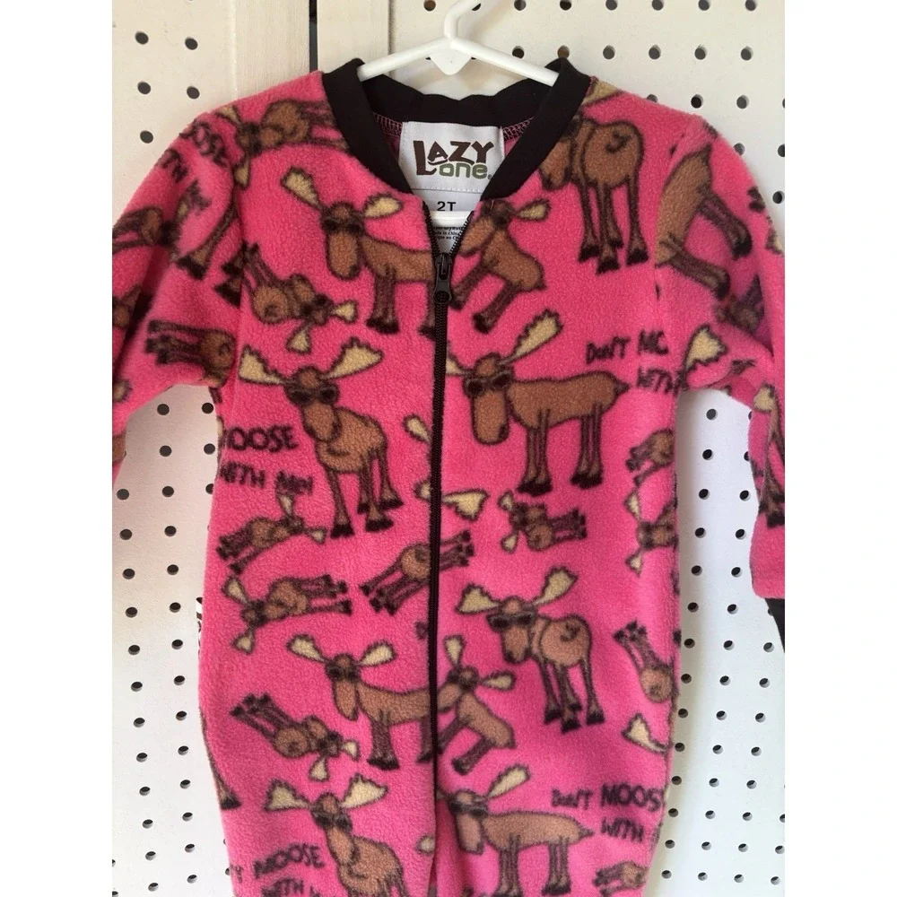 Lazy One Toddler Girl 2T Moose Pink Fleece Flap Footed‎ Pajamas Cozy Full Zip
